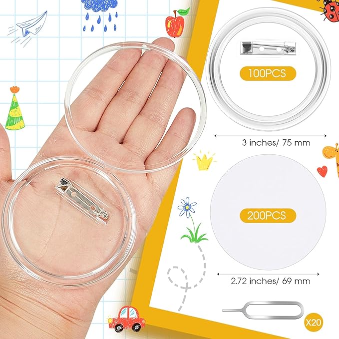 Yilloog 100 Pcs 3 Inch Acrylic Clear Buttons with 200 Paper 20 Sim Card Removal Tool Make Your Own Buttons with Pin Clear Button Pins Acrylic Design Button Badge for DIY Craft Activities