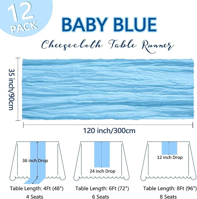 12 Pack Baby Blue Cheesecloth Table Runner 10Ft Spring Gauze Cheese Cloth Table Runner 35x120 Inch Boho Sheer Rustic Fabric for Party Decor Baby Shower Wedding Decorations