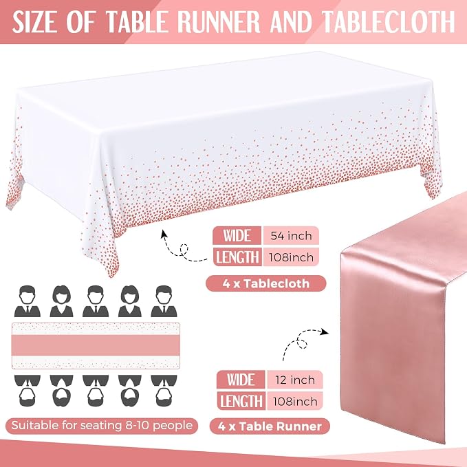 Breling 8 Pack White and Rose Gold Disposable Plastic Tablecloths and Satin Table Runner Set, 54 x 108 Inch Tablecloth, 12 x 108 Inch Table Runners for Wedding Graduation Birthday Baby Shower New Year