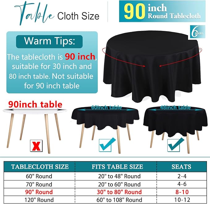 Kesfey 6 Packs Round Table Cloths 90 Inch Black Circle Bulk Linen Tablecloth Wrinkle Resistant Tablecloths Washable Polyester Fabric Round Table Cover for Wedding Camping Banquet Dining Party