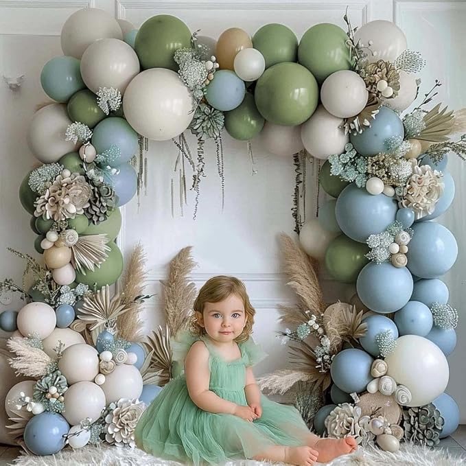 Dusty Blue Green Balloon Garland Arch Kit Double Stuffed Avocado Green Balloons Thick Latex White Sand Pastel Blue Balloons Kit For Jungle Safari Neutral Birthday Baby Shower Party Deocrations
