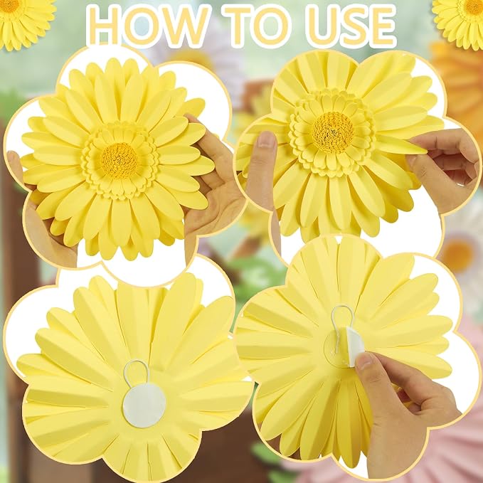 SUNBEAUTY Daisy Party Decorations, Paper Flowers, Flower Wall, Purple Yellow Flowers Wall Hanging, 1st Birthday Bridal Baby Shower Wedding Classroom Tea Party Daisy Décor 10" 7" 5" Pack of 12