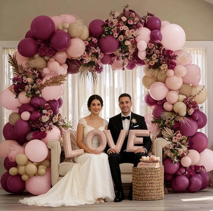 Burgundy Pink Balloon Garland Double Stuffed Pastel Pink Nude Beige Plum Mauve Lavender Latex Balloons Arch Kit for Birthday Wedding Baby Bridal Shower Decoration