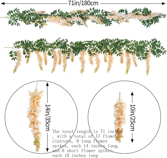 1pc/2pcs Encrypted Flower Vine Wisteria Artificial Flowers Garland,White Wisteria Hanging Flower Garland Decorations for Home Garden Outdoor Ceremony Wedding Arch Decoration (Champagne Color, 1pc)