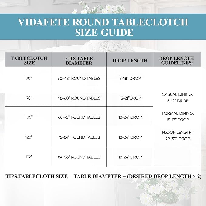 VidaFete 6 Pack 120inch Round Tablecloth Polyester Table Cloth, Stain Resistant and Wrinkle Polyester Dining Table Cover for Kitchen Dinning Party Wedding Rectangular Tabletop Buffet Decoration(White)