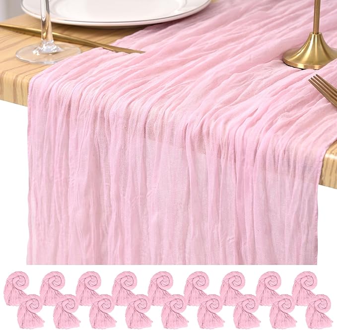 Light Pink Cheesecloth Table Runner 18 Pack 10FT - Boho Gauze Sheer Rustic Crinkled Table Runners for Wedding Party Baby Shower Bridal Decor