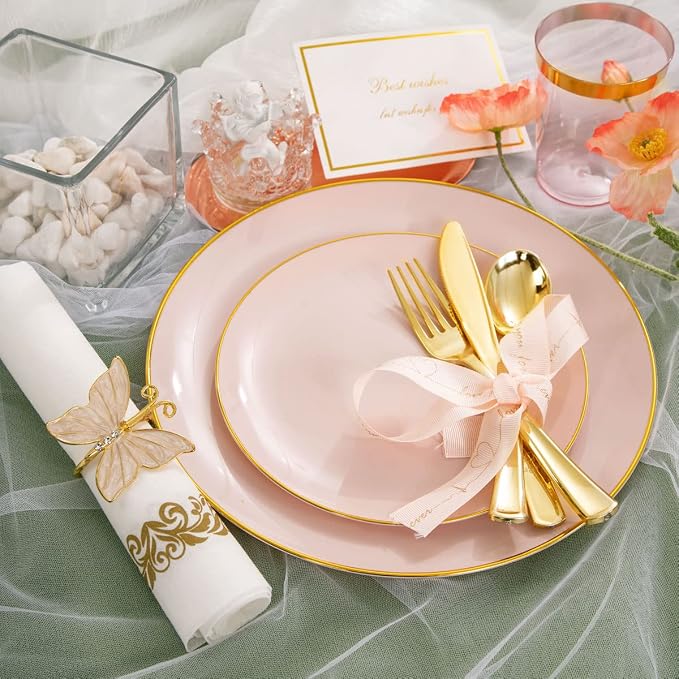 Rubtlamp 210Pcs Plastic Pink Plates with Gold Plastic Silverware Set Include 30Pink Dinner & 30 Dessert Plates, 90Gold Cutlery, 30Gold Cups, 30Napkins, Pink Dinnerware for Valentines&Mother's Day