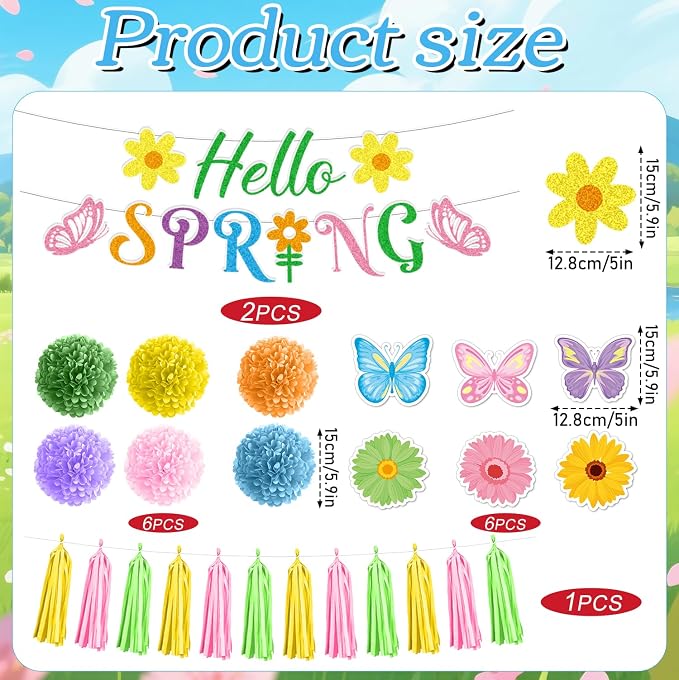 Rakuto Hello Spring Party Decorations, Hello Spring Banners Hanging Swirls Paper Pom Poms and Paper Tassels, Colorful Butterflies Flowers Party Decor