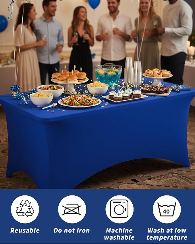Fixwal Royal Blue Stretch Table Cloth Rectangle 4 Pack 6Ft, Spandex Fitted Table Covers Washable for Party, Trade Show, Banquet, Wedding, Buffet