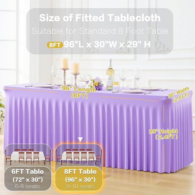 gogoparti 4 Pack Spandex Purple Fitted Table Cloth for 8ft Rectangle Tables Purple Stretch Tablecloth Table Covers Skirt Banquet Wrinkle Free Tablecloths for Parties Wedding