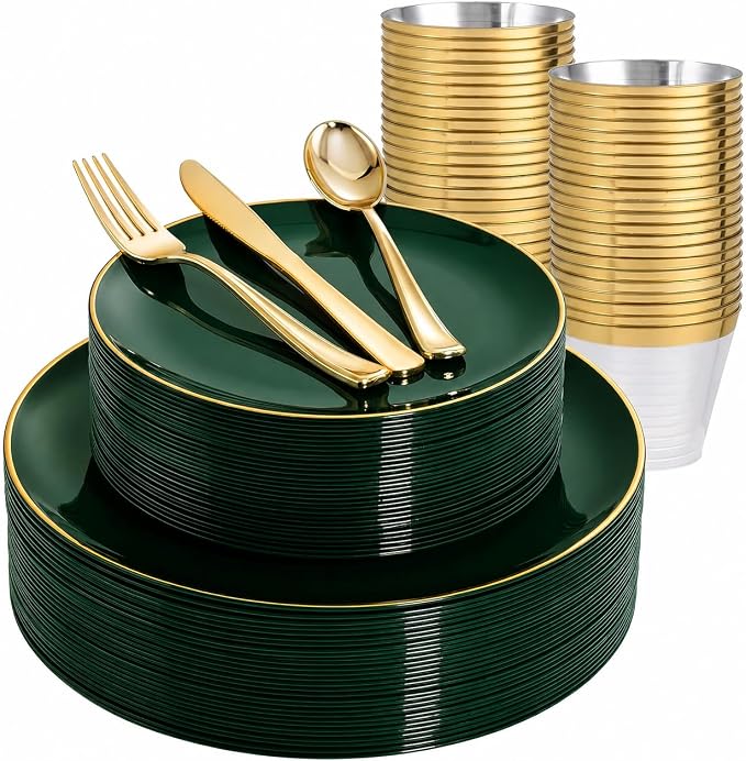 WDF 150Pcs Green Plastic Plates - Green Plates Disposable with Gold Rim - 25Guest Disposable Dinnerware Include 50 Plastic Plate 75 Gold Cutlery 25 9oz Cups for Wedding/Party/Birthday/World Cup 2026