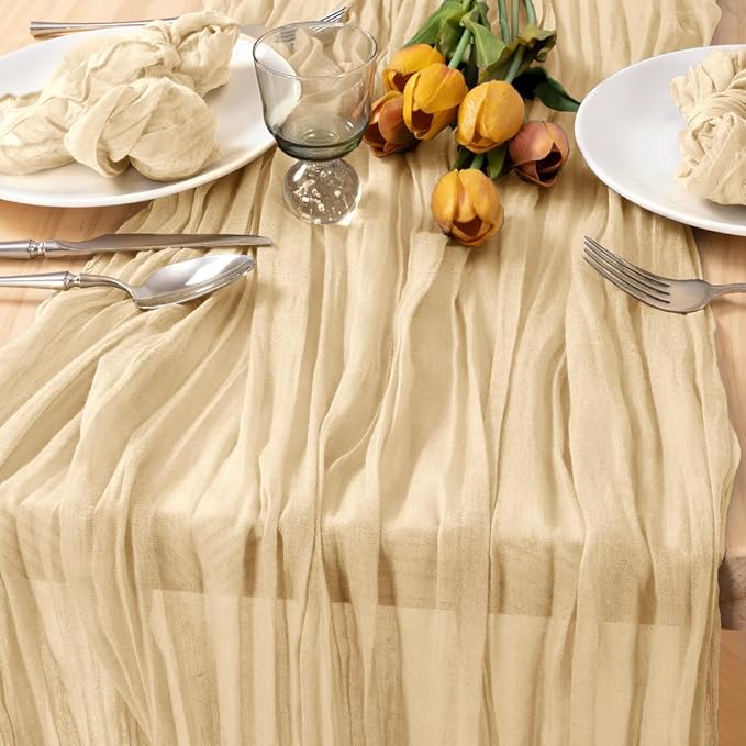 MLMC 8 Pack Champagne Table Runner 10ft Rustic Sand Cheesecloth Table Runner Bulk 35x120 Inches Neutral Gauze Cheese Cloth Centerpiece for Outdoor Wedding Bridal Shower Gathering Party Decor