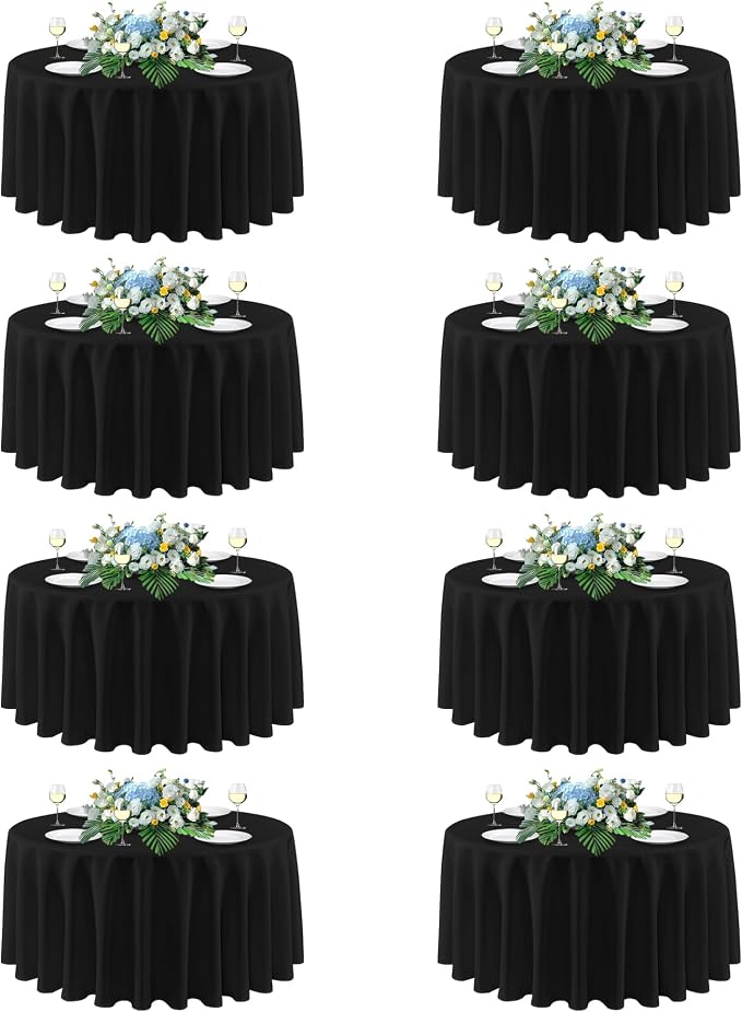 sancua Black Round Tablecloth 108 Inch Diameter, 8 Pack - Circle Polyester Fabric Table Cloth for Wedding Party Reception Banquet Birthday, Washable Formal Table Cover (Fit 42-96 Inch Tables)