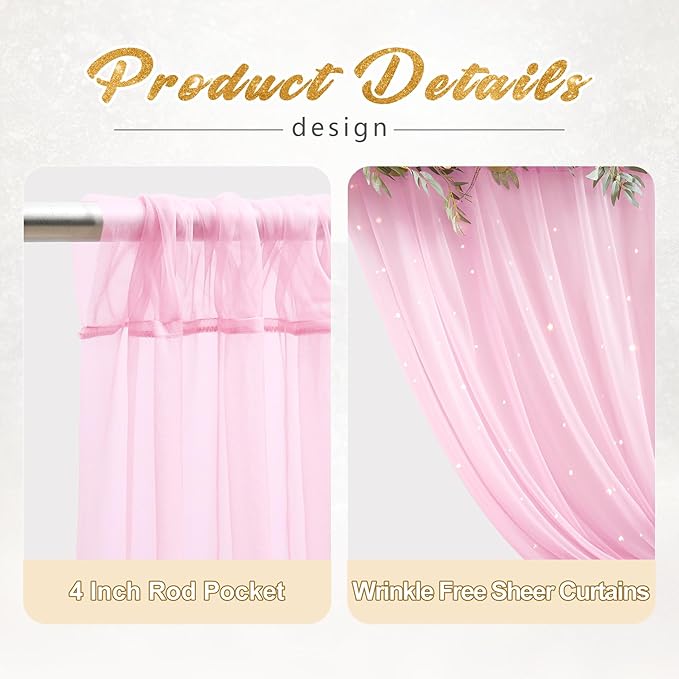 10x8ft Baby Pink Tulle Backdrop Curtain with Lights String for Parites, Sheer Photo Backdrop Curtains with Lights for Wedding Backdrop Ceremony Reception Bridal Shower Baby Shower Birthday Party