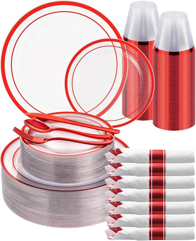 Goodluck 350 Pcs Red Disposable Plates, Clear Plastic Plates and Napkins | Red Dinnerware Sets Include 100 Plates, 50 Pack Pre Rolled Napkins with Silverware, 50 Cups for Christmas, Birthday Party