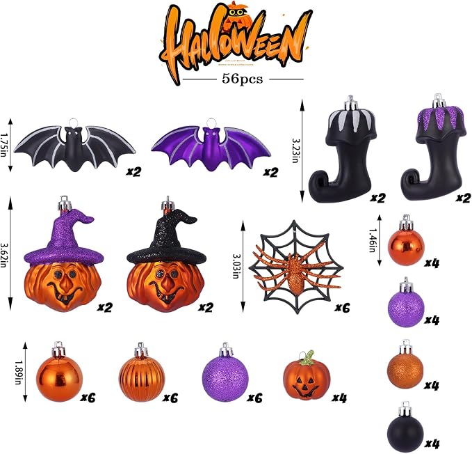 56pcs Halloween Hanging Ornaments for Tree Decorations, Shatterproof Plastic Hanging Halloween Ball Pendants with Pumpkin, Witches Hat Signs, Halloween Tree Decor Party, Holiday, Home (Multi New)