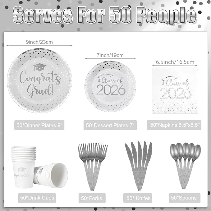 350pcs Class of 2026 Graduation Plates and Napkins Set, Disposable Paper Plate Set Polka Dots Napkins Cups Knife Fork Spoon for Graduation Party Decorations and Supplies,Serve 50 (White Silver）