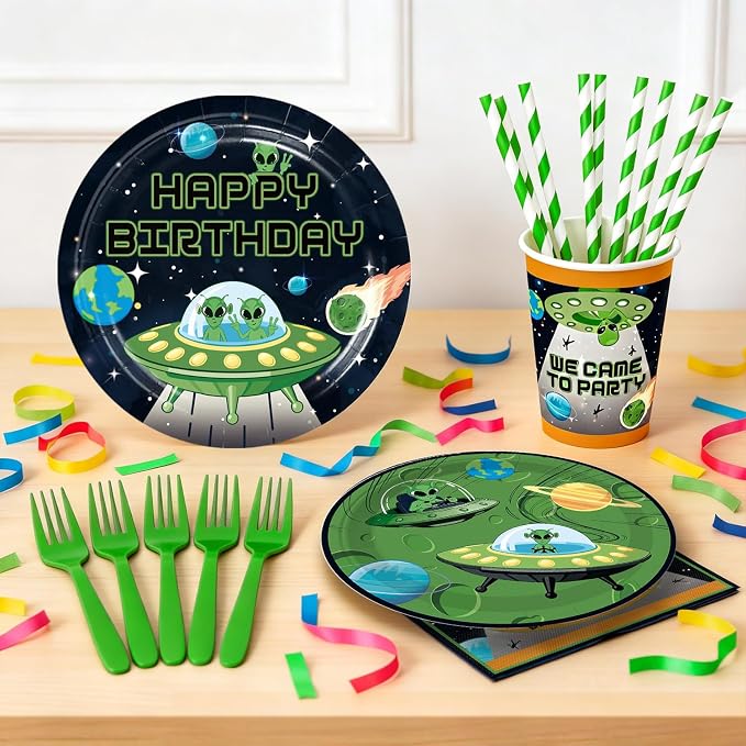 Xynic 205pcs Alien Birthday Decorations Complete Party Set, Serves 25 guests, Alien Birthday Party Decorations, Outer Space theme party supplies, includes Banner Cake Decor Plates Napkins Tablecloth