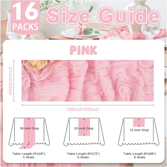 16 Pack Pink Valentine's Day Cheesecloth Table Runner 21x120 Inch Gauze Table Runners Reusable Polyester 10ft Boho Rustic Cheese Cloth Table Runner for Wedding Party Baby Shower Birthday