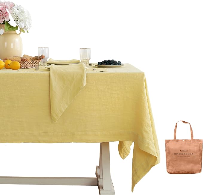 Linen World Vintage Tablecloths 60x108 Inch,100% French Linen Tablecloth,Classic Vintage Washed Table Cloths for Kitchen,Outdoor,Weddings,Decorative Thanksgiving Christmas,Mellow Yellow