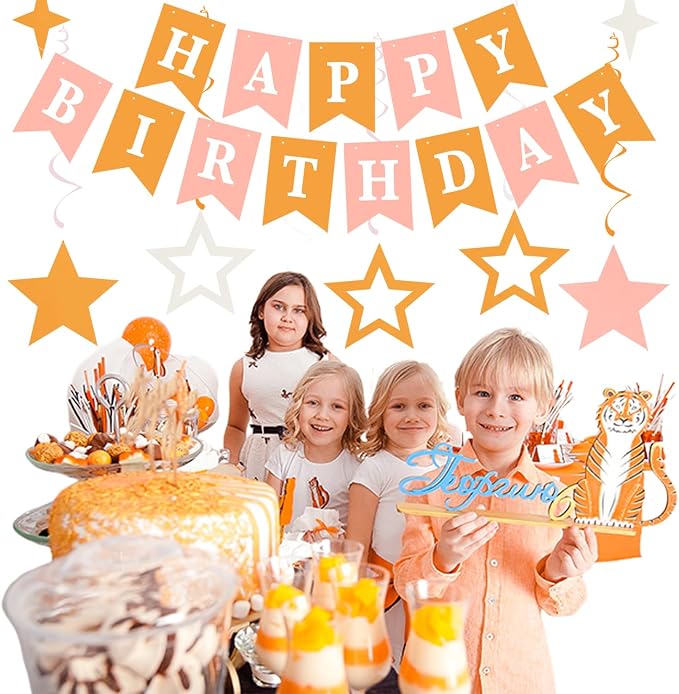 Orange Beige-Peach Fall-Boho Birthday Party-Decorations - 19pcs Neutral Women Girls Streamers Banner,Paper Star Garland Lanterns Honeycomb Fan,Tissue Pom Poms,Wall Ceiling Backdrop Supplies Ouruola