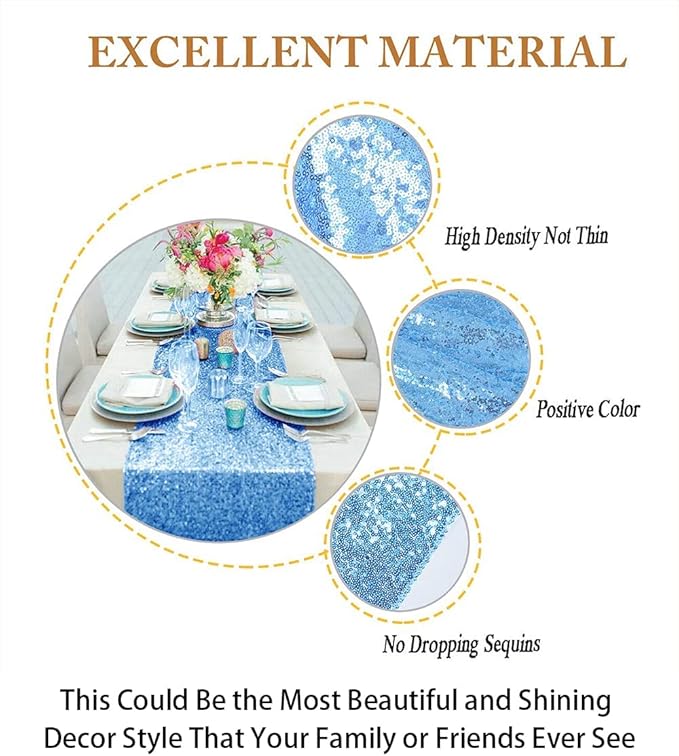ShinyBeauty Blue Table Runners 12x108-Inches Pack of 10 Home Kitchen Sequin Table Runner Wedding Graduation Party Supplies Glitter Fabric Linen Birthday Baby Shower Outdoor Decor