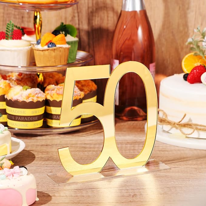 Threehoney 12 Pcs Mirror Gold 50th Birthday Decorations for Men and Women Acrylic Anniversary Decorations Table Numbers Centerpieces for Birthday Party