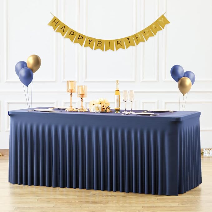 4 Pack 8ft Navy Blue Spandex Table Cloths for Rectangle Tables Wrinkle Free Rectangle Tablecloths, Stretch Fitted Table Cover with Skirt for Birthday Party Wedding Banquet Baby Shower Buffet Event