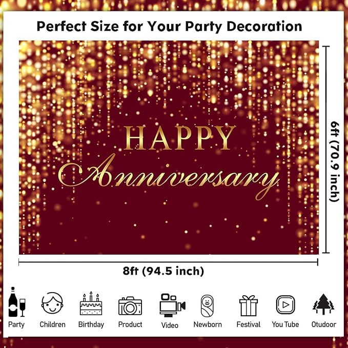 Sensfun Happy Anniversary Backdrop Burgundy Gold Glitter Marriage Wedding Party Decorations Banner Shining Flowing Curtain Happily Ever After Anniversary Sign Photography Background Photo Booth 8x6ft