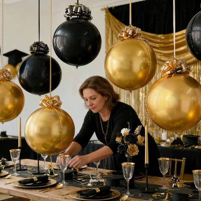 6 Pack Black and Gold Balloons, 22 Inch 4D Metallic Orb Hanging Balloons with 12 Pull Ribbon Bows, Ceiling Party Decorations for Birthday, Graduation 2026, Men’s Birthday and Old Money Party Decor