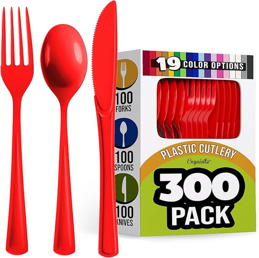 Party Solids Red Plastic Silverware Heavy Duty 300 Pieces Red Disposable Silverware Heavy Duty, Utensil Sets, 100 Of Each Forks, Knives & Spoons Disposable Cutlery Set For Party Supplies