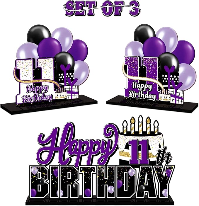 LINGTEER Happy 11th Birthday Purple Acrylic Table Topper Centerpieces Set - Cheers to Eleven Years Old Birthday 11th Bday Party Gift Decorations.