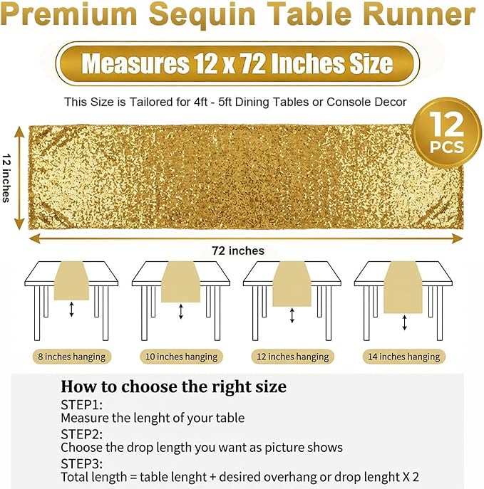12 Pack Gold Sequin Table Runner 12x72 Inch, High Density Sparkly Glitter Table Runners for Wedding Reception, Birthday Party, Baby Shower, Shimmering Gold Decor