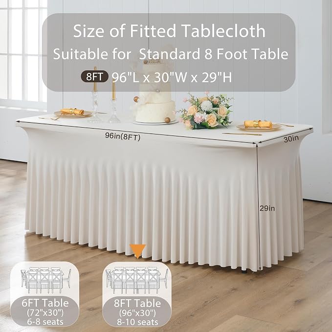 2 Pack Beige Spandex Table Clothes for 8 Foot Rectangle Tables, Wrinkle Free Fitted Table Cover 8ft Stretch Tablecloths Desk Skirt for Parties Weddings Birthday Banquet Baby Shower