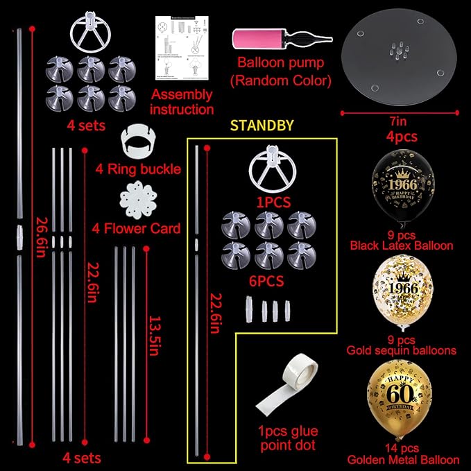 TONIFUL 4 Set 60th Birthday Decorations 1966 Balloon Centerpiece for Table,Black Gold Balloon Stand Kit,Perfect for celebrating born in 1966,Cheers to 60 Years Birthday for Men and Women