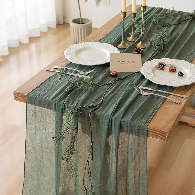 Keketoarrange Forest Green Summer Table Runner Gauze Rustic Cheesecloth 120 Inch 10 FT for Wedding Baby Shower Bridal Shower Birthday Party Sheer Boho Spring Home Decorations