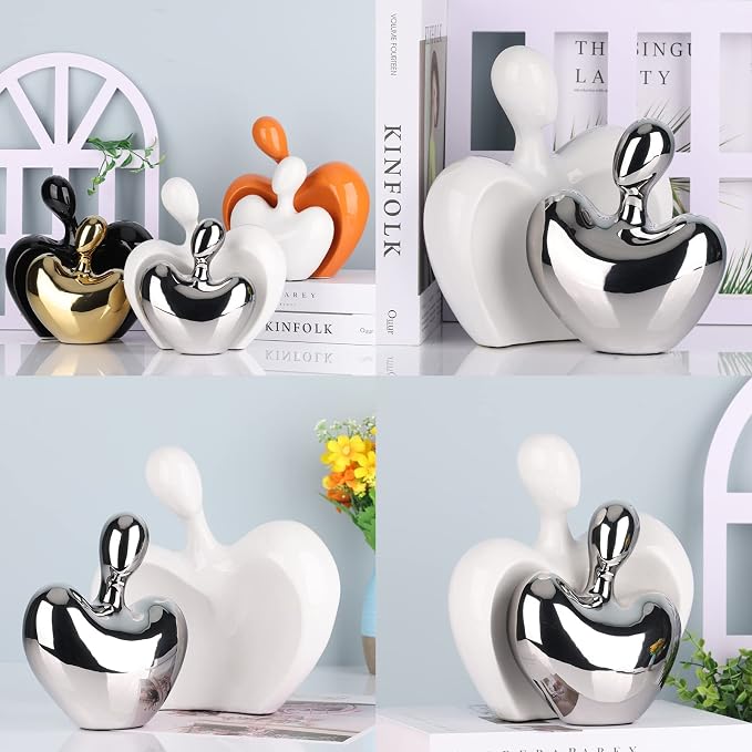 DOVDOV Silver and White Ceramic Couple Statue, Modern Home Decor Love Statue, Romantic Abstract Couple Art Sculpture, Living Room Office Bookshelf Bedroom Decorations