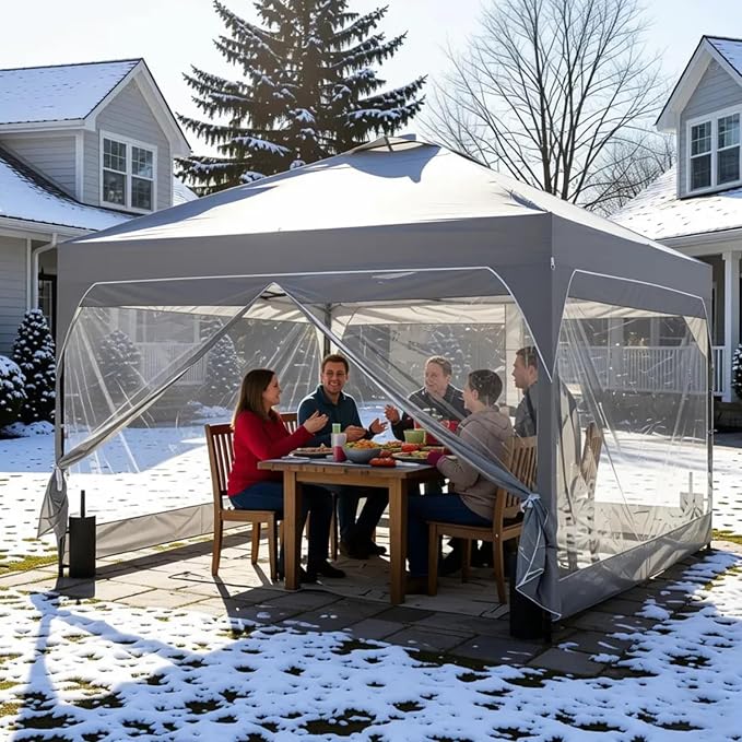 10x10FT Canopy Tent, 1-Button Push Instant Pop Up Canopy with 4 Sandbags, Easy Setup Outdoor Gazebo Shelter (Grey, 10x10 with PVC Sidewalls)