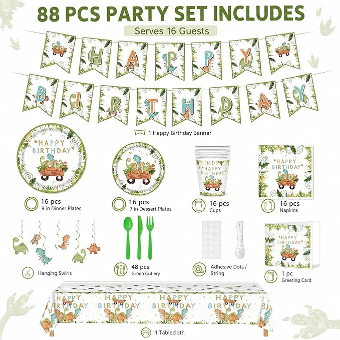 Dinosaur Birthday Decorations Party Supplies Kit, 88 PCS Dino Party Decorations Tableware Set Serves 16 with Plates Cups Napkins Cutlery Tablecloth Banner Hanging Swirls for Prehistoric Theme