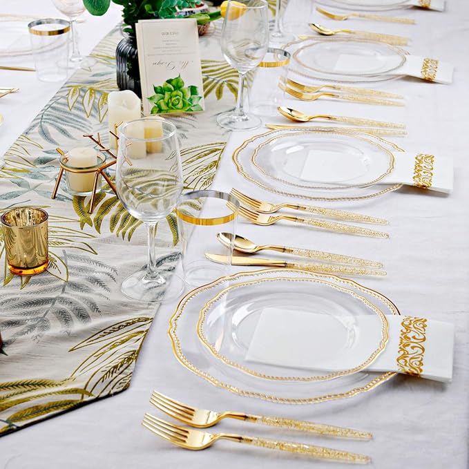 Hioasis 175pcs Clear Gold Plastic Plates&Gold Plastic Silverware with Gold Glitter Handle&Clear Cups&Napkins Served for 25 Guests-Clear and Gold Dinnerware for Weddings&Thanksgiving,Holiday Events