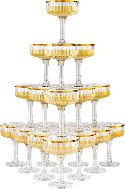 20 Pack Plastic Champagne Tower, 7oz Champagne Coupe glasses Unbreakable Plastic Cocktail Glasses Acrylic Martini Glasses for Wedding Birthday Party Bar, Gold
