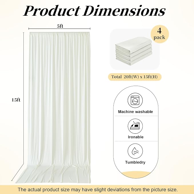 20ft x 15ft Ivory Backdrop Curtains for Wedding Parties, 4 Panels Wrinkle Free Fabric Drapes Photo Backdrop for Baby Shower Birthday Stage Reception Lobby Decoration