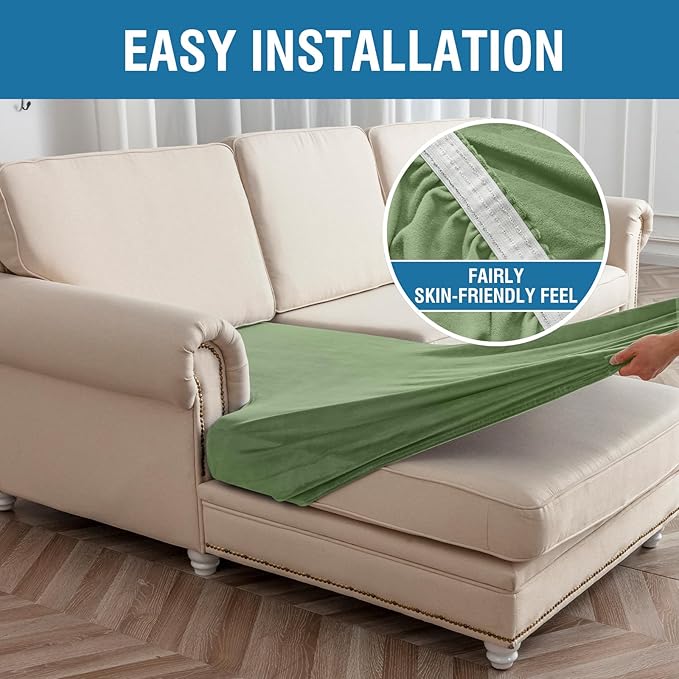 Couch Cover 3-Piece Elastic Velvet Couch Cushion Covers & Chaise Slipcovers for L-Shaped Sofas, Sofa Seat Covers Washable, Soft Cover for Couches (2 Seater + Chaise, Avocado Green)