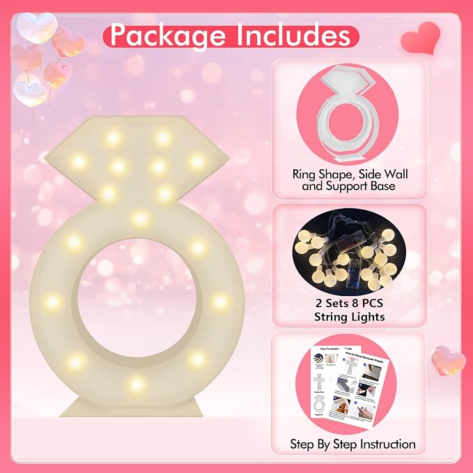 3FT Tall Marquee Light Up Diamond Ring Large DIY Mosaic Balloon Rings Frame Pre Cut Kit for Bridal Shower, Engagement, Wedding Proposal Decorations Party Backdrop Decor