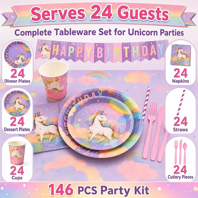 Unicorn Birthday Party Supplies, 146 PCS Rainbow Party Decorations Tableware Kit Serves 24 Guests with Plates, Cups, Napkins, Banner, Cutlery, Tablecloth & Straws for Kids Girls Boys