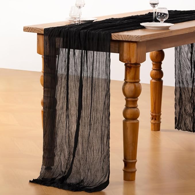 DeZerlor Black Cheesecloth Table Runner Spring Easter Table Runner 120 Inches Boho Gauze Cheese Cloth Table Decor for Wedding Bridal Baby Shower Parties