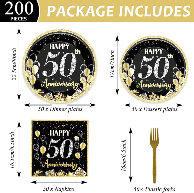 50 Guests 50th Anniversary Plates Napkins Party Supplies Employee Career Wedding Party Decoration Disposable Paper Cake Tableware Sets Party Dinnerware Favors Fiftieth Anniversary, 200PCS