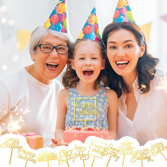 150 Pcs Happy Birthday Cake Toppers Acrylic Cake Topper Glitter Birthday Cake Decorations Double Sided for Adults Various Cake Decoration Party Supplies(Gold,Brief)