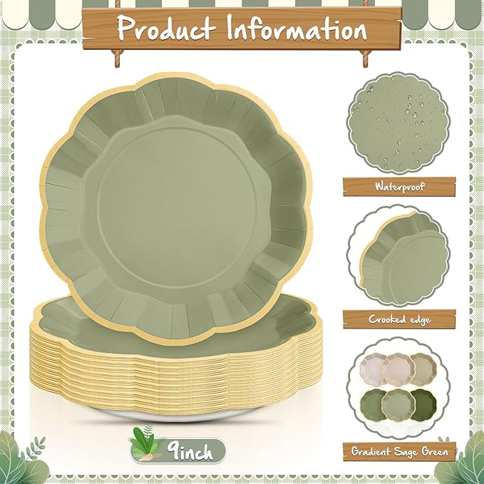 72 Pcs Sage Green Color Paper Plates 9 Inch Green Gradient Scalloped Paper Disposable Dinner Dessert Plates for Birthday Wedding Bridal Party Supplies, 6 Colors