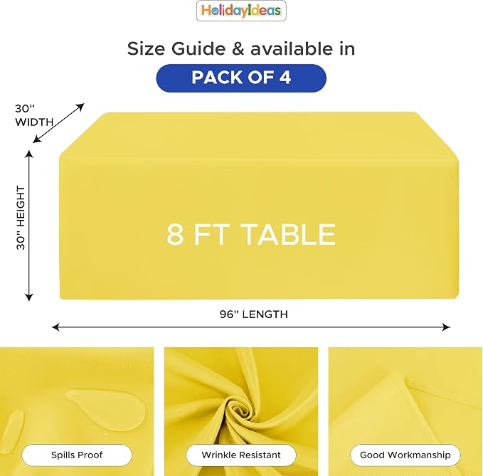 HolidayIdeas 4-Pack 8ft Yellow Rectangle Craft Shows Fitted Tablecloth | Wrinkle resistant table covers; bulk quantity pack for professional trade exhibition displays or vendor booths